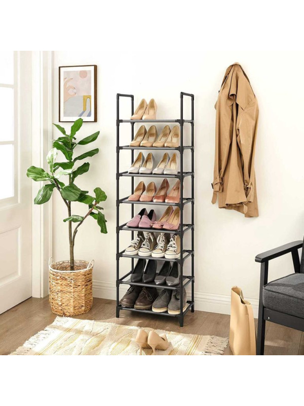 8-poschodový regál na topánky, 46×28×145 cm, kov, čierny