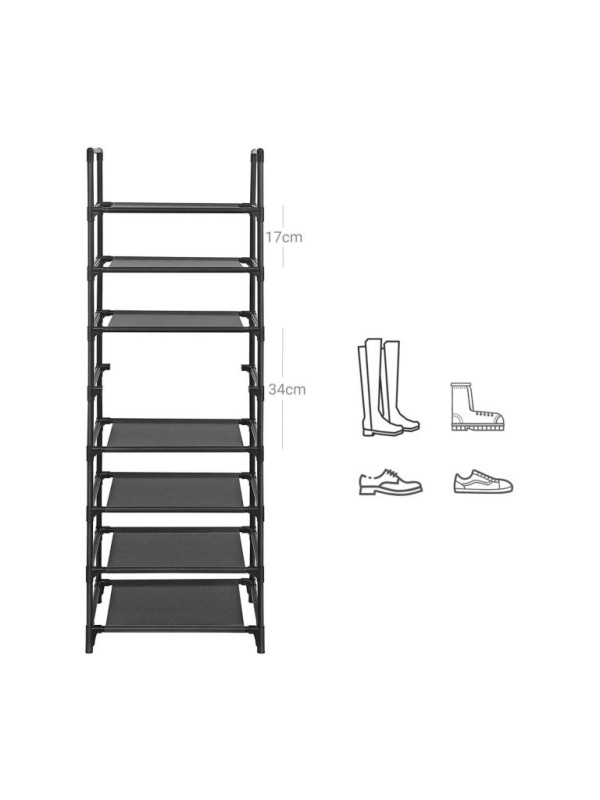 8-poschodový regál na topánky, 46×28×145 cm, kov, čierny
