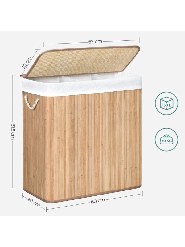 Bambusový košík na bielizeň 150 l s 3 priehradkami a vekom