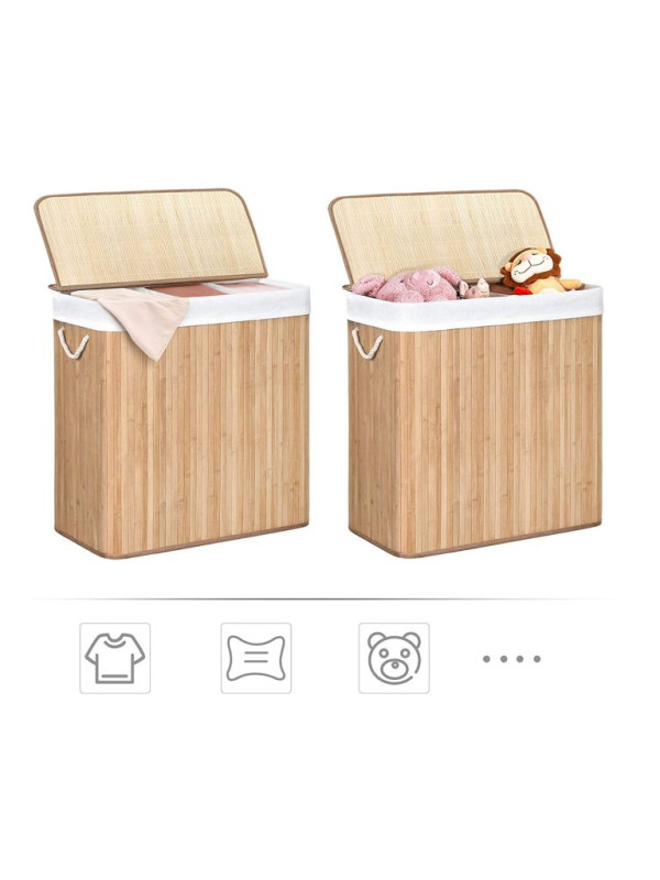 Bambusový košík na bielizeň 150 l s 3 priehradkami a vekom