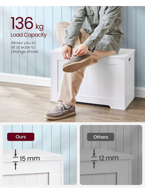 Biela úložná lavica s sedadlom a vekom, 76 × 48 × 40 cm