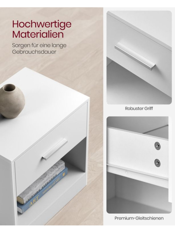 Moderný biely nočný stolík so zásuvkou a policou, 39x28x41