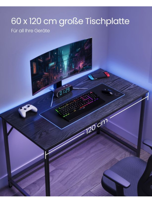 Moderný čierny herný stôl s oceľovou konštrukciou, 120 x 60