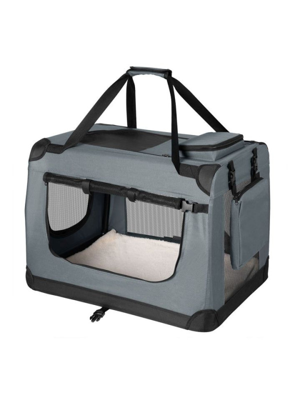 Skladací prepravný box pre psov, sivý, s posteľou, veľkosť S