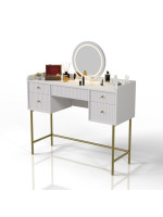 Toaletný stolík s LED zrkadlom, 5 zásuviek, biela/zlatá