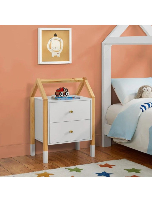 Detský nočný stolík, biely, dizajn domu, 2 zásuvky