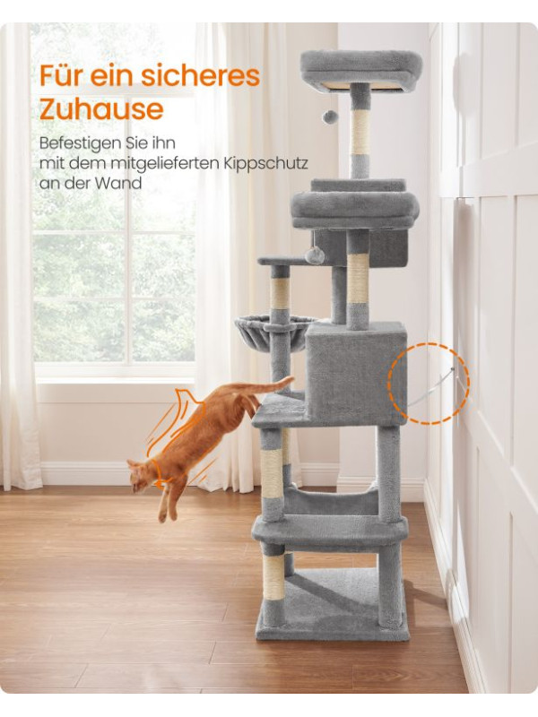 Škrabadlo pre mačky s hojdacou sieťou a domčekom, 196 cm