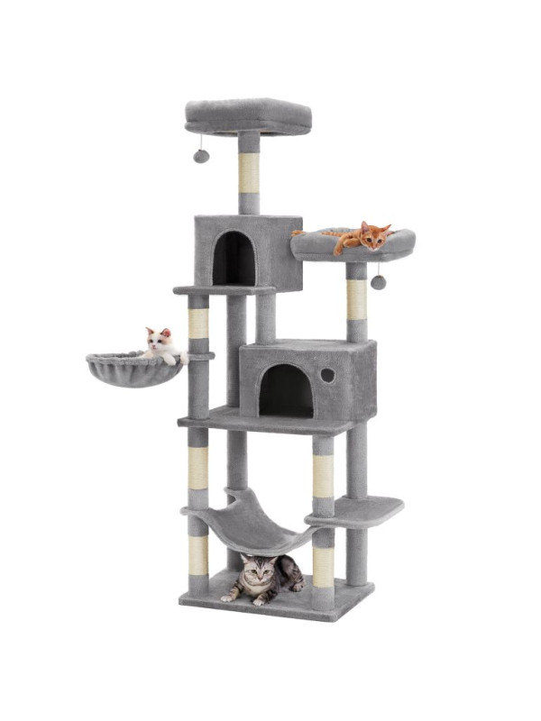 Škrabadlo pre mačky s hojdacou sieťou a domčekom, 196 cm