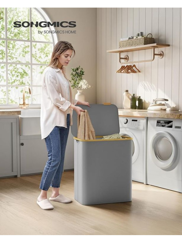 150 l košík na bielizeň s 3 priehradkami, sivý, bambus rám
