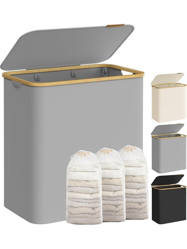 150 l košík na bielizeň s 3 priehradkami, sivý, bambus rám