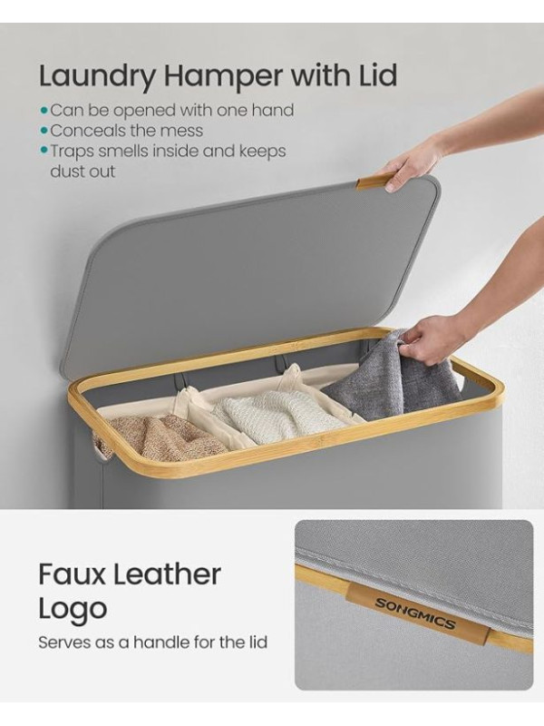 150 l košík na bielizeň s 3 priehradkami, sivý, bambus rám