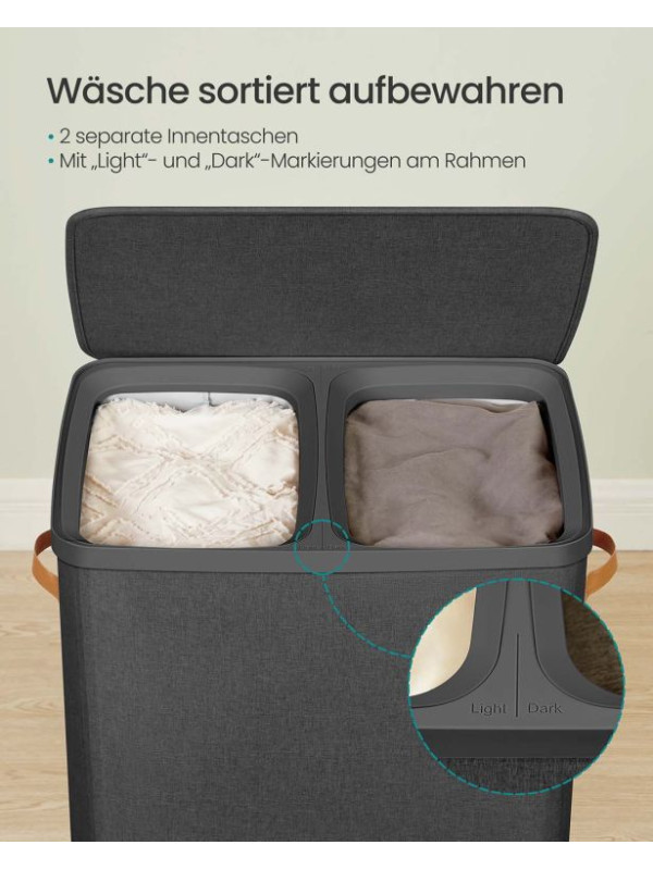 Dvojkomorový košík na bielizeň s vekom, čierny, 56x40x75 cm