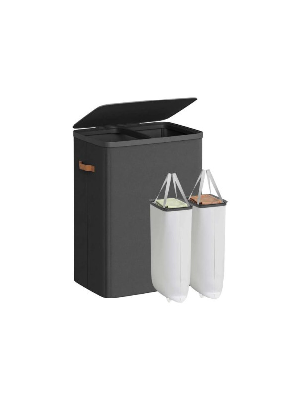 Dvojkomorový košík na bielizeň s vekom, čierny, 56x40x75 cm
