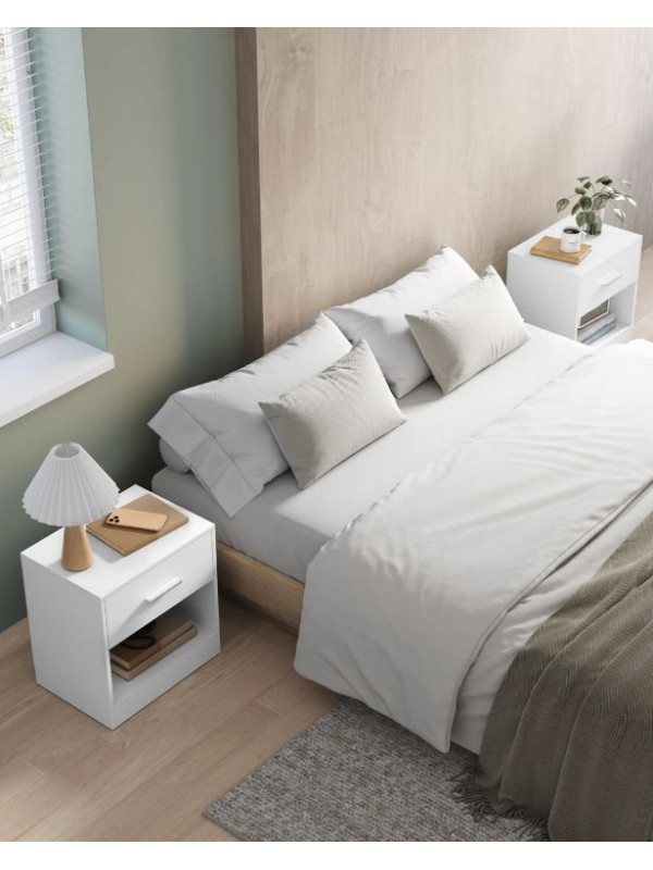 Biele minimalistické nočné stolíky so zásuvkou, 2 ks