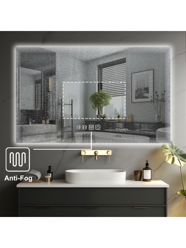 Luxusné LED zrkadlo do kúpeľne 90×70, hodiny a odmlžovanie