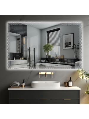 Luxusné LED zrkadlo do kúpeľne 90×70, hodiny a odmlžovanie
