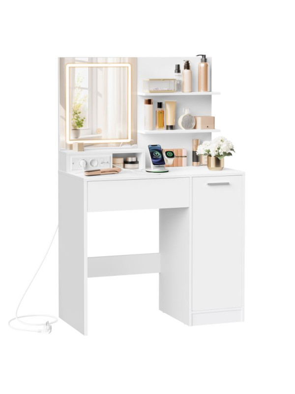 Kozmetický stolík s LED zrkadlom, USB, biely, 80x40x132,5 cm