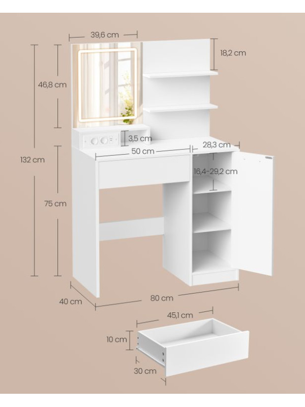 Kozmetický stolík s LED zrkadlom, USB, biely, 80x40x132,5 cm