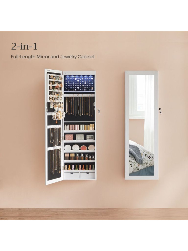 Biela závesná šperkovnica so zrkadlom a LED svetlom