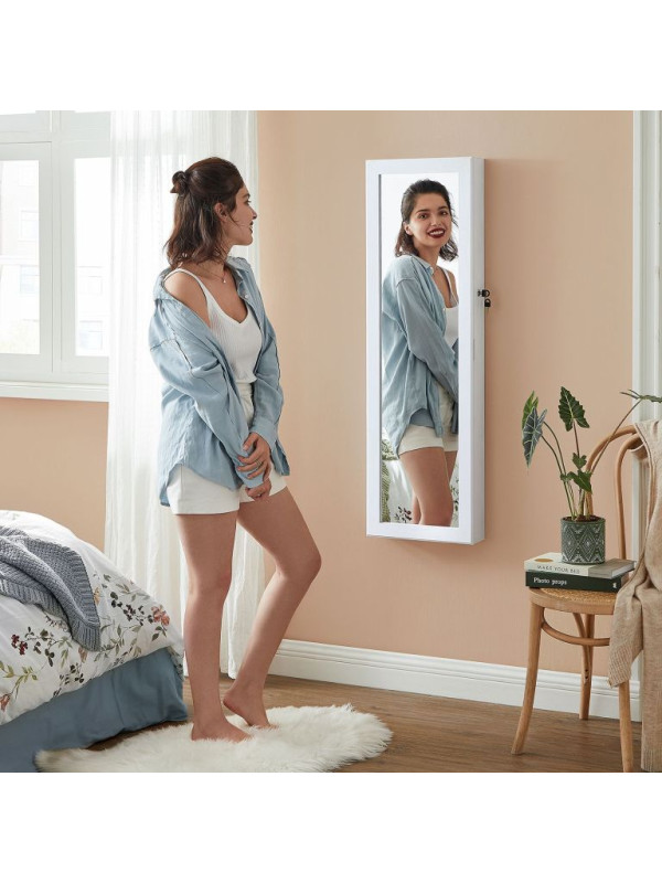 Biela závesná šperkovnica so zrkadlom a LED svetlom