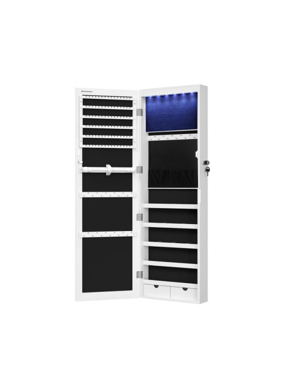 Biela závesná šperkovnica so zrkadlom a LED svetlom