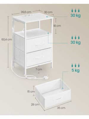 Biely nočný stolík s LED, USB a zásuvkami, 39,6x30x60,4 cm