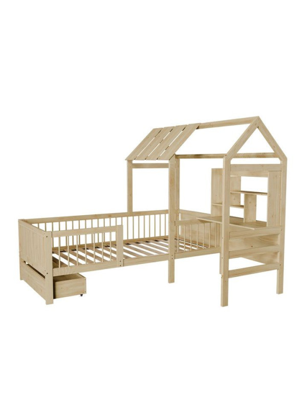 Prírodná detská posteľ v tvare domčeka s úložným priestorom
