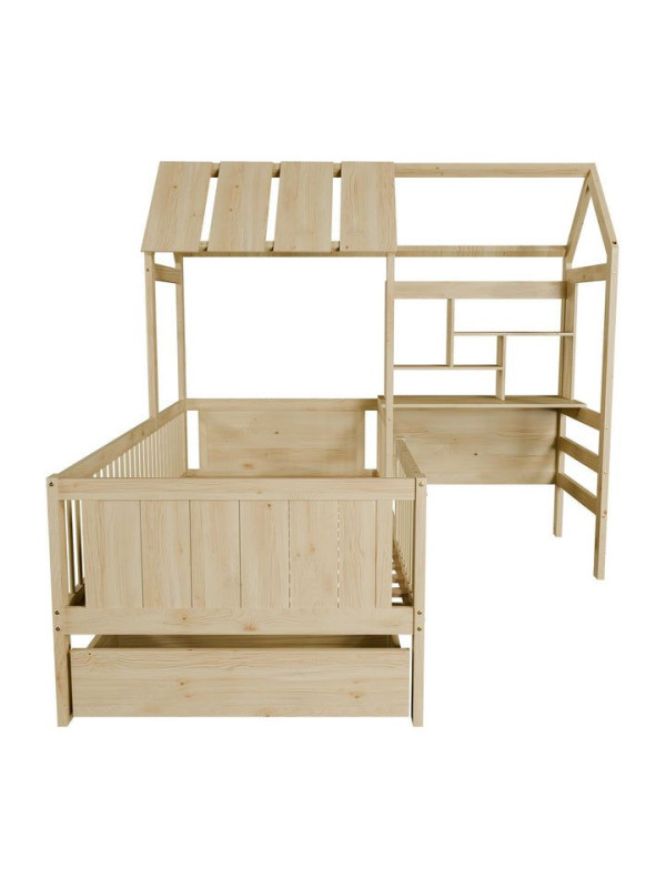 Prírodná detská posteľ v tvare domčeka s úložným priestorom