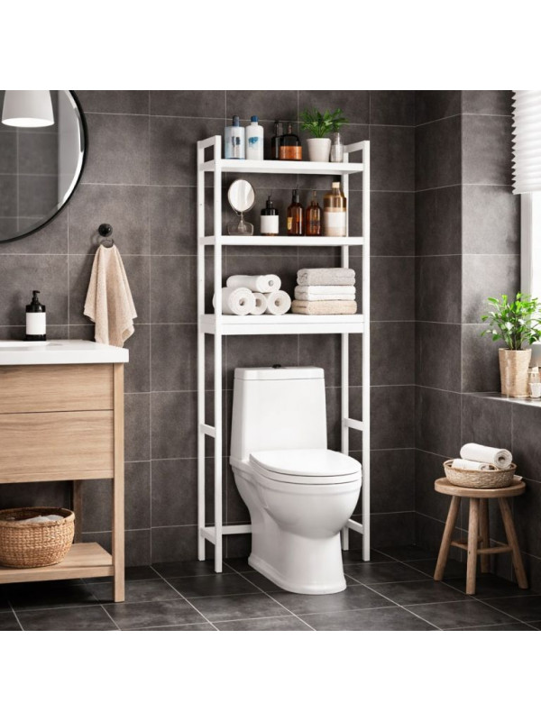 Bambusová a oceľová polica, 3 poschodia, biela, 63×26×170 cm