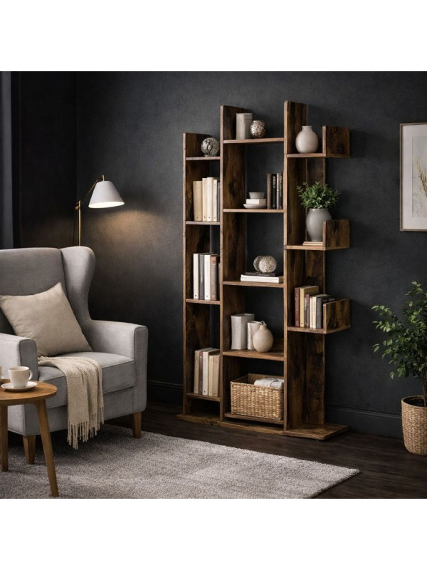 Knižnica s 13 policami, 86×25×140 cm – rustikálna hnedá