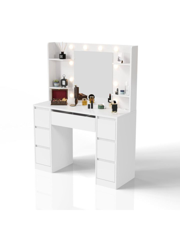 Toaletný stolík s LED zrkadlom a 7 zásuvkami, biely