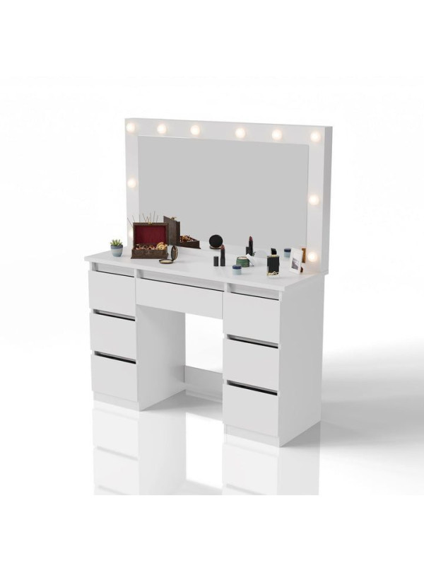 Toaletný stolík s LED zrkadlom a 7 zásuvkami, biely