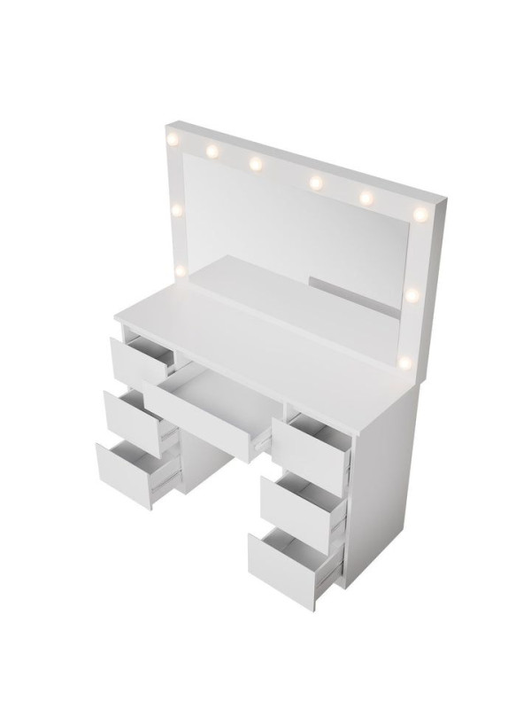 Toaletný stolík s LED zrkadlom a 7 zásuvkami, biely