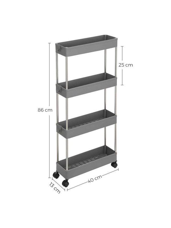Pojazdný úložný vozík 4 poschodia, sivý, 40x12,5x88 cm