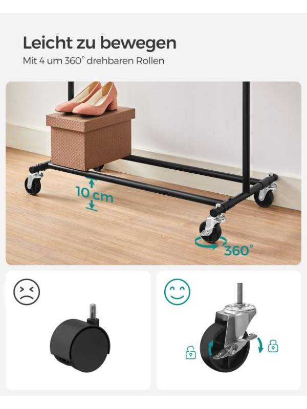 Oceľový vešiak na odevy na kolieskach, rozťahovateľný, 90 kg