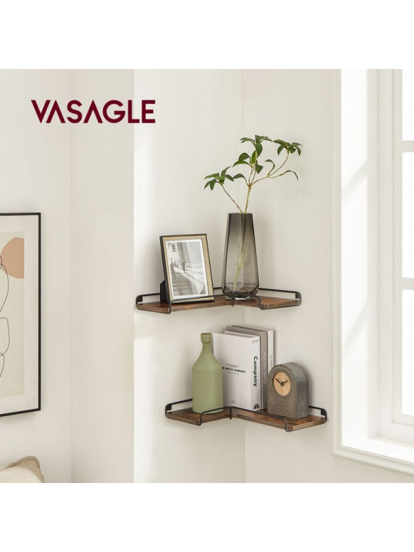 Priemyselné rohové nástenné police, sada 2 ks, hnedá/čierna