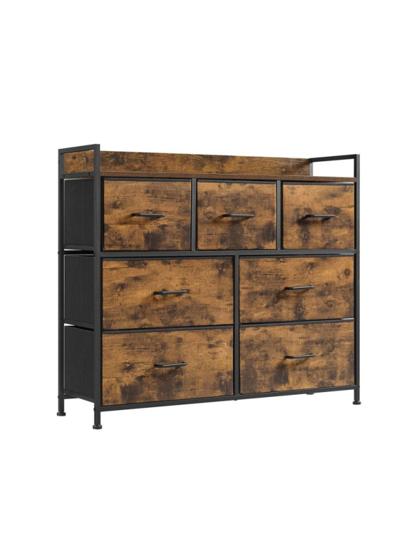 Rustikálna komoda s kovovým rámom, 7 zásuviek, čierna/hnedá