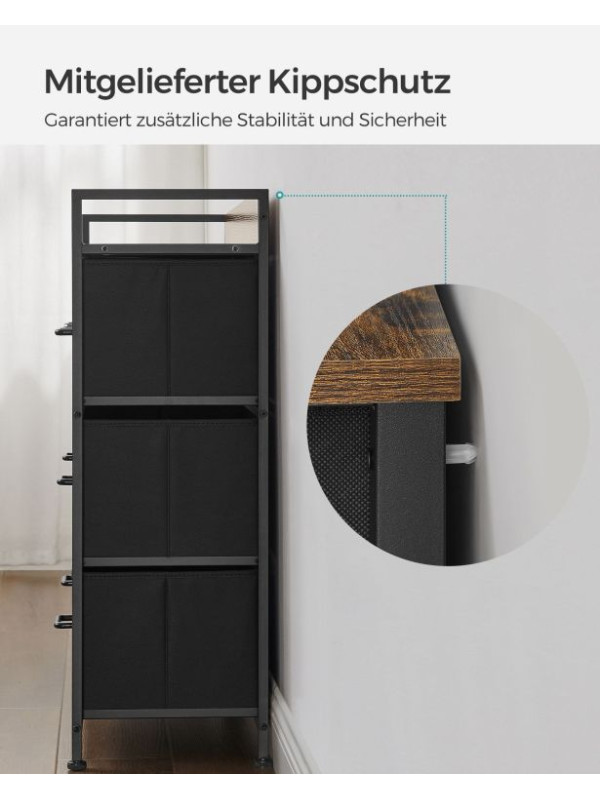 Rustikálna komoda s kovovým rámom, 7 zásuviek, čierna/hnedá