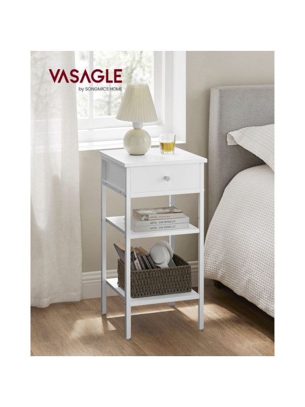 Biely nočný stolík s policami a zásuvkou, 35x35x70 cm