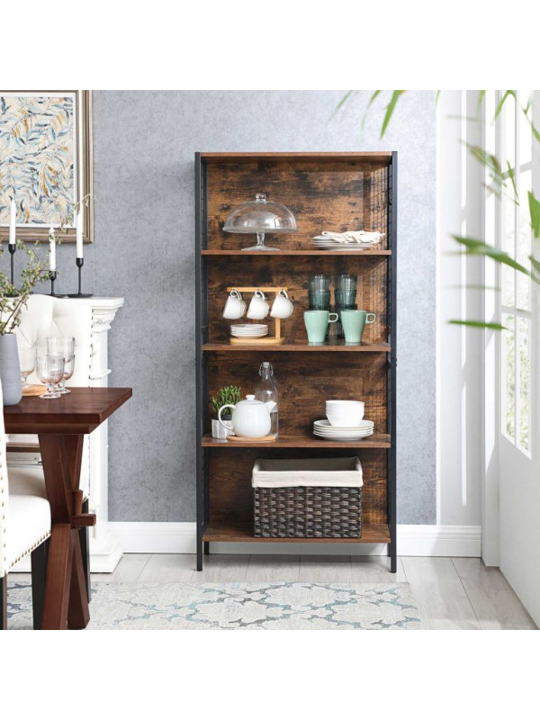 Industriálna knižnica, 4 police, čierna/hnedá, 74x30x154 cm