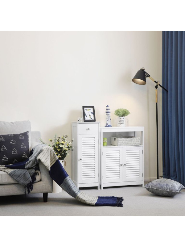 Úzka biela skrinka s lamelovými dvierkami, 32x30x87 cm