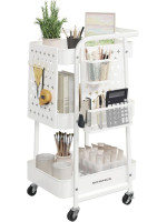 Kovový mobilný regál s háčikmi a dierovanými doskami, biely