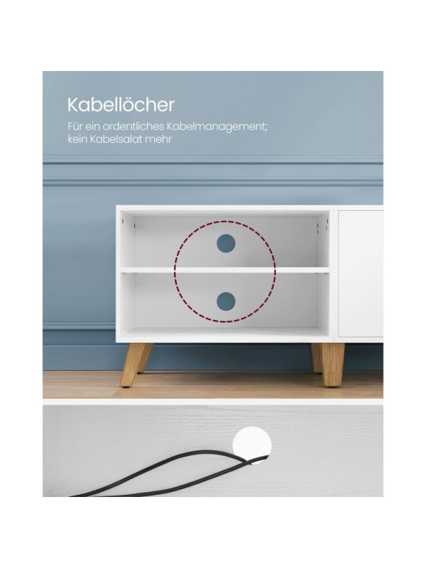 Moderný biely TV stolík s policami a dvierkami, 140x40x45 cm