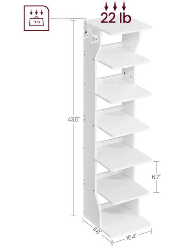 Biela rohová botník s háčikmi, 7 políc, 26,4 x 30 x 110,4 cm