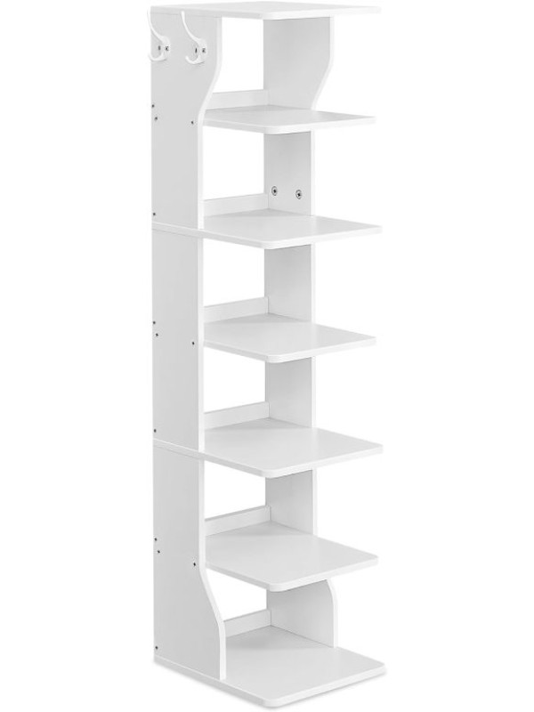 Biela rohová botník s háčikmi, 7 políc, 26,4 x 30 x 110,4 cm