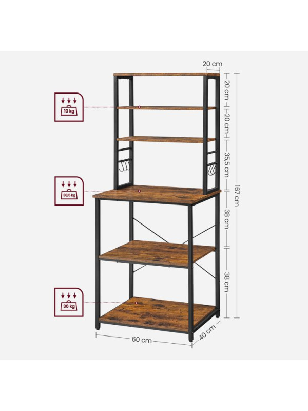 Kuchynský regál s háčikmi, 6 políc, nastaviteľná výška