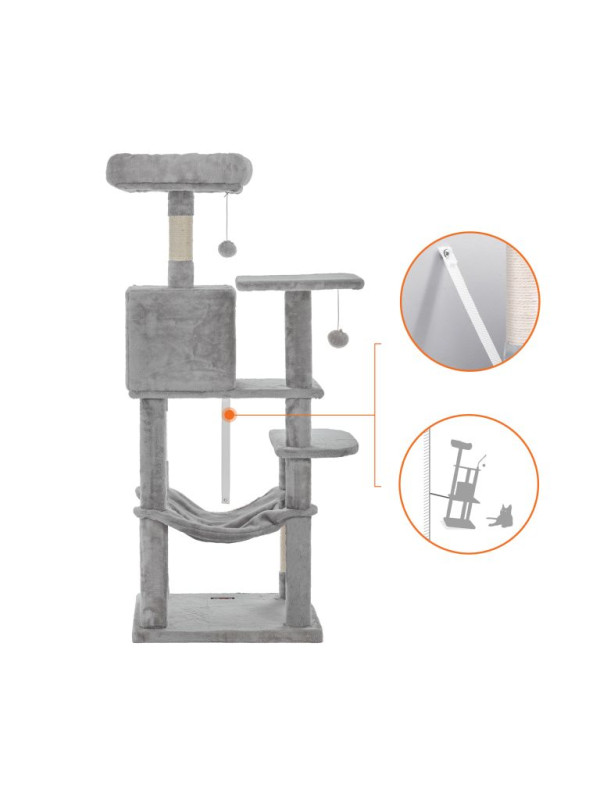 Škrabadlo pre mačky s domčekom a hojdacou sieťou, svetlošedé