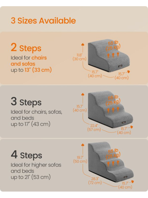 Schody pre psov s protišmykom, šedé, 2 stupne, 40x40x30 cm