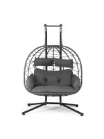 Závesné kreslo pre dvoch, sivé, s vankúšmi a podstavcom