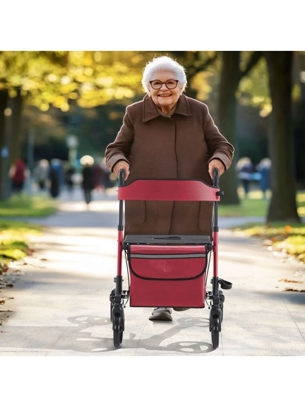 Ľahký hliníkový chodítko s taškou a sedadlom, červené